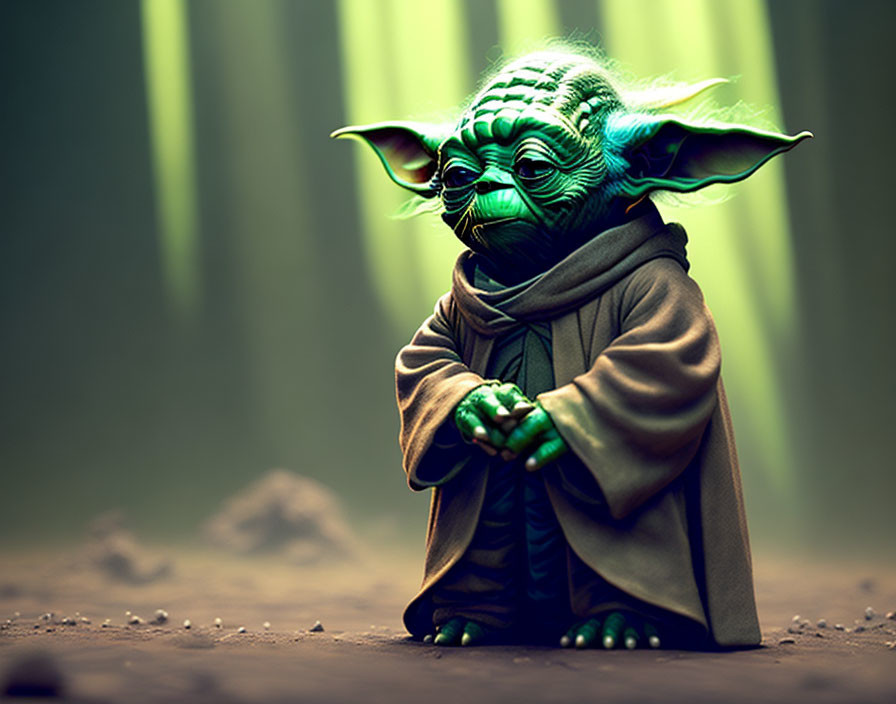 Green Yoda-like figure in moody background with vertical light beams