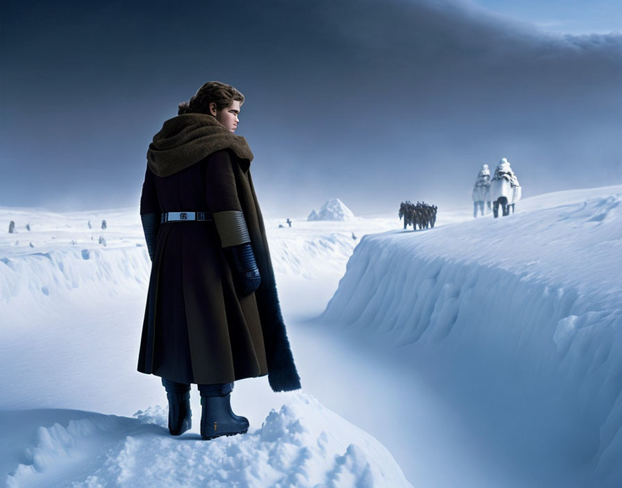 Person in Dark Coat Observes Tauntaun Riders on Snowy Cliff