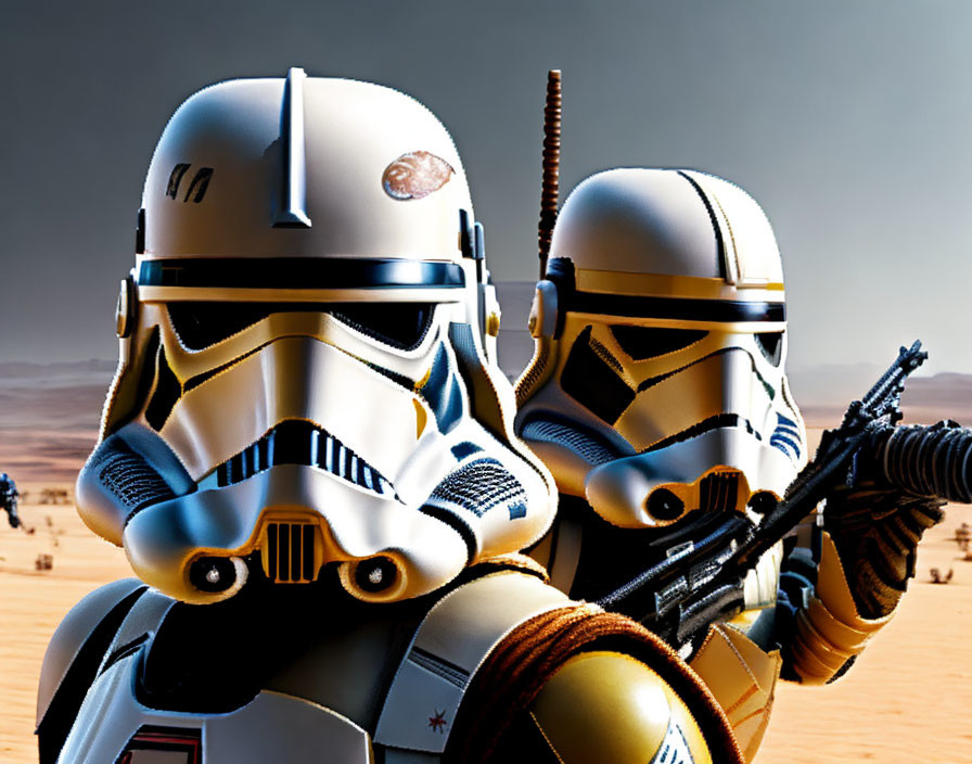 Stormtroopers with unique armor and blasters in desert setting