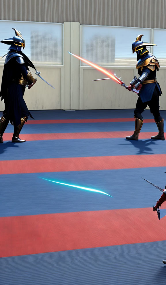 Samurai armor duel with lightsabers on red and blue mat