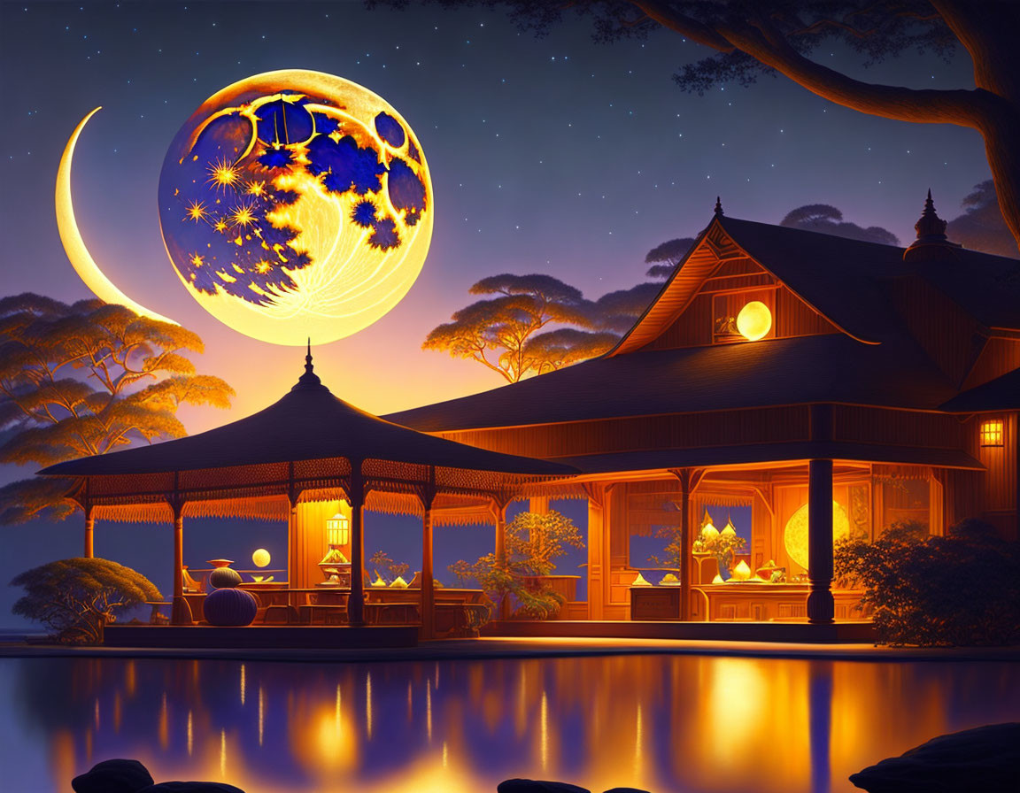 Traditional house illustration with lanterns by pond under starry sky.