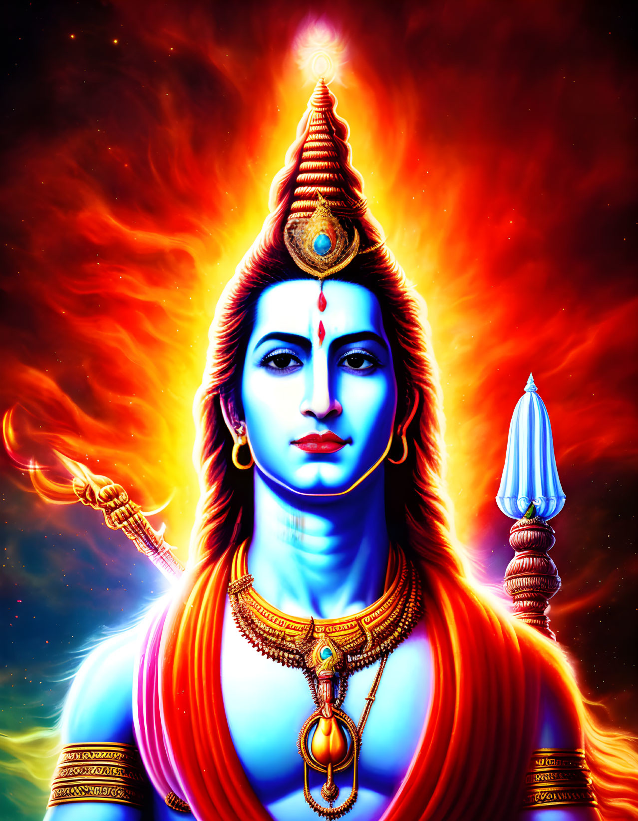 Vibrant Lord Shiva Illustration with Blue Face and Trident