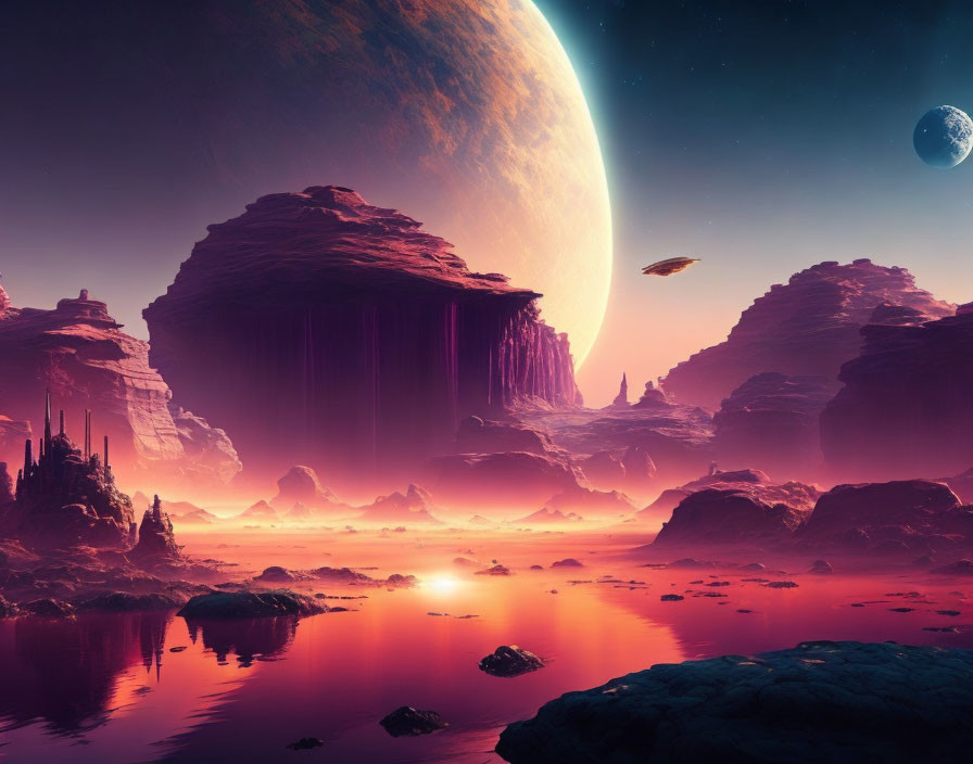 Alien landscape with rock formations, waterfalls, and rising planet