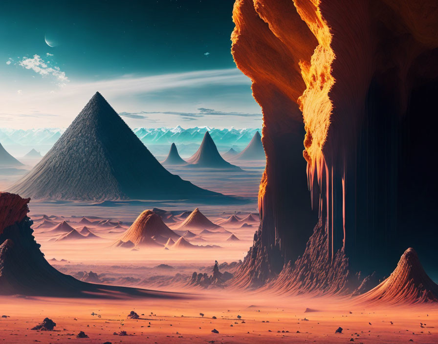 Desert landscape with pyramids, dunes, and rock formation under alien sky