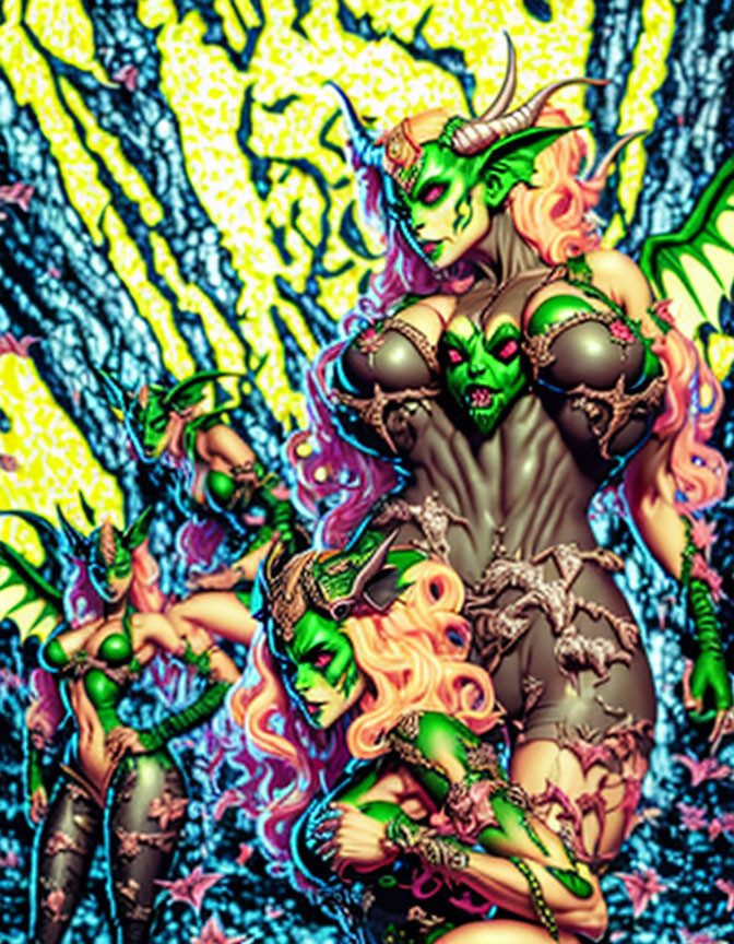 Fantastical female characters with green skin and horns in ornate armor on colorful backdrop