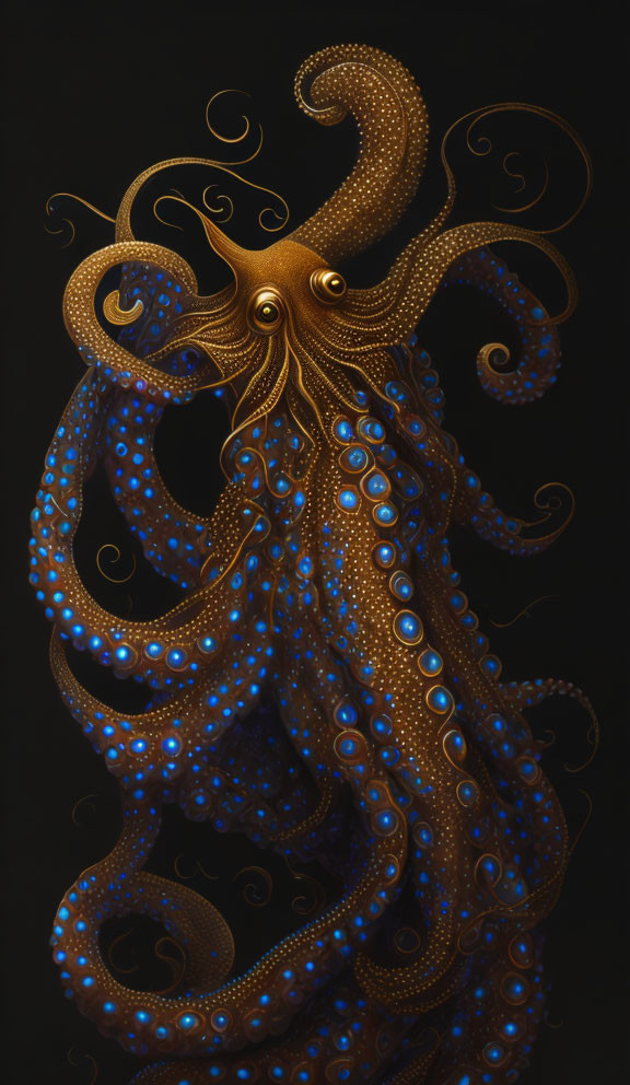 Golden and Blue Octopus with Intricate Patterns on Black Background