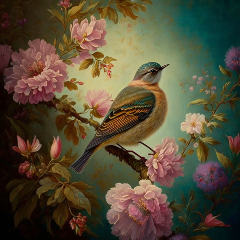 Colorful Bird Perched on Branch Among Pink Blossoms on Moody Green Background