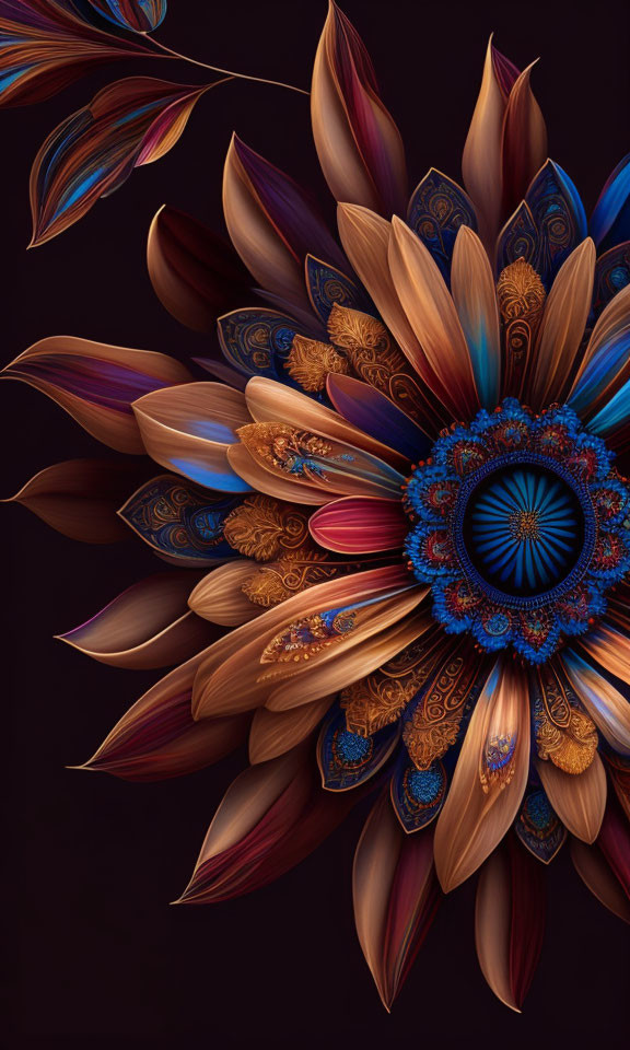 Detailed Floral Mandala Artwork in Blue and Brown Hues