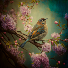 Colorful Bird Perched on Branch Among Pink Blossoms on Moody Green Background