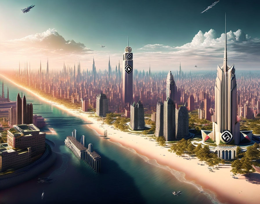 Futuristic cityscape with skyscrapers, flying vehicles, and coastal setting.