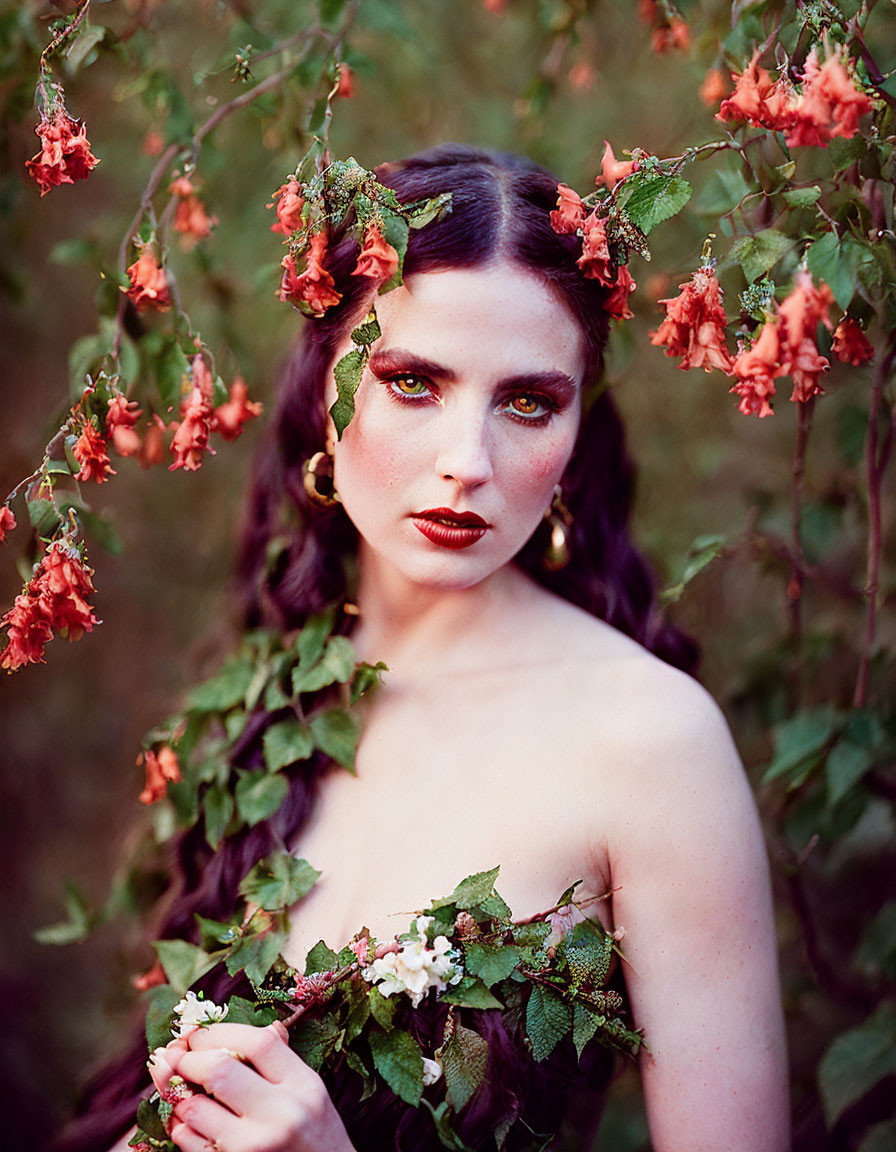 Dark-haired woman with ivy and matching makeup in red flower setting