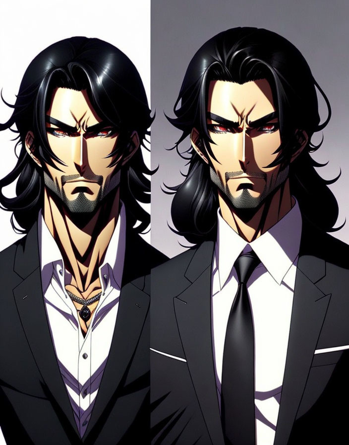 Stylized animated male character with long black hair, beard, and stern expression in black suit and