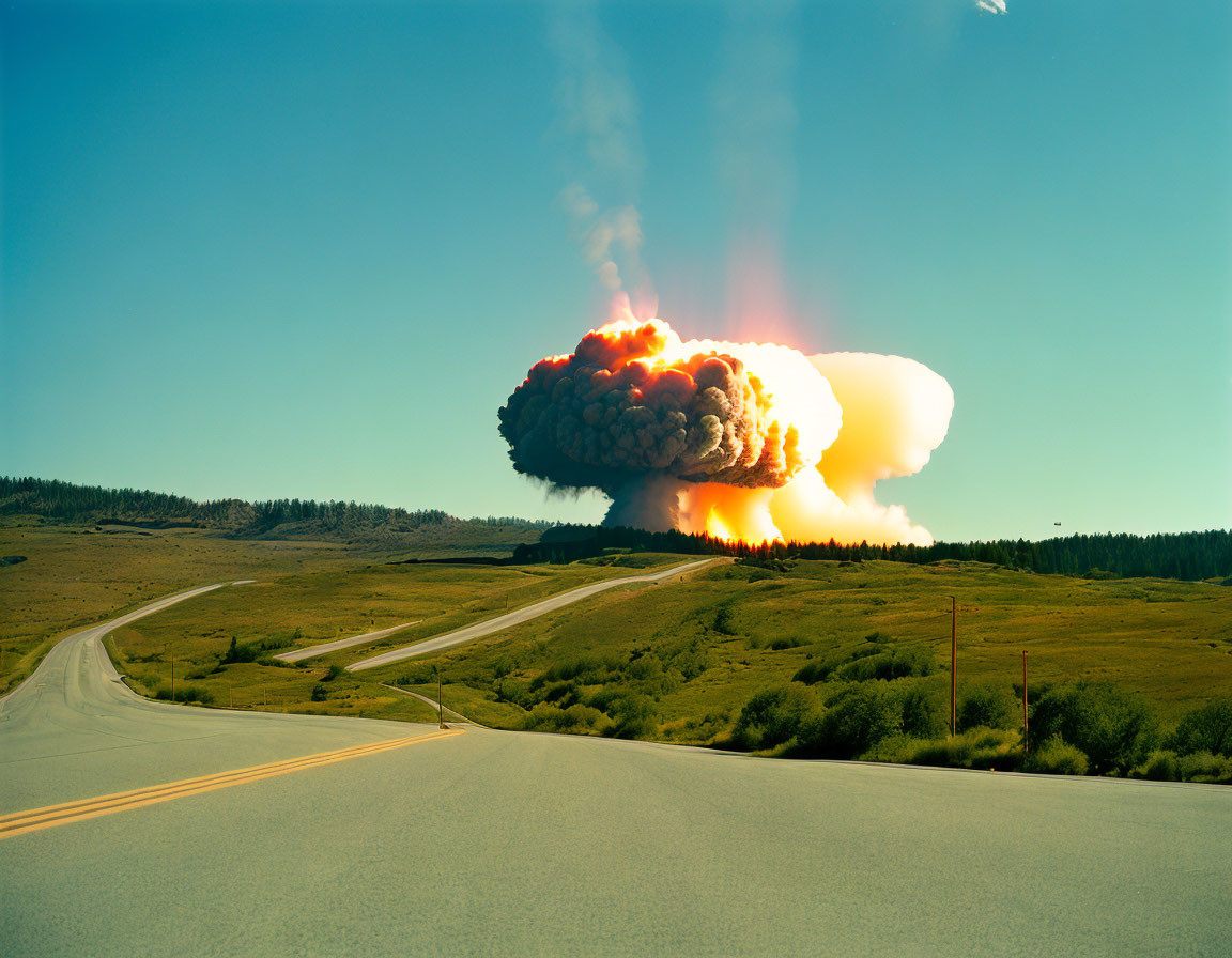 Massive explosion with mushroom cloud over serene landscape