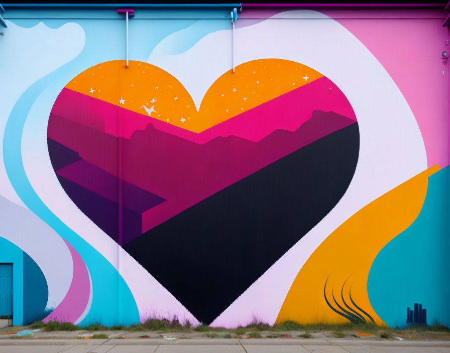 Colorful mural featuring heart, mountain, and sunset motif on wall