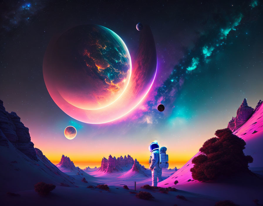 Astronaut observing vibrant sci-fi landscape