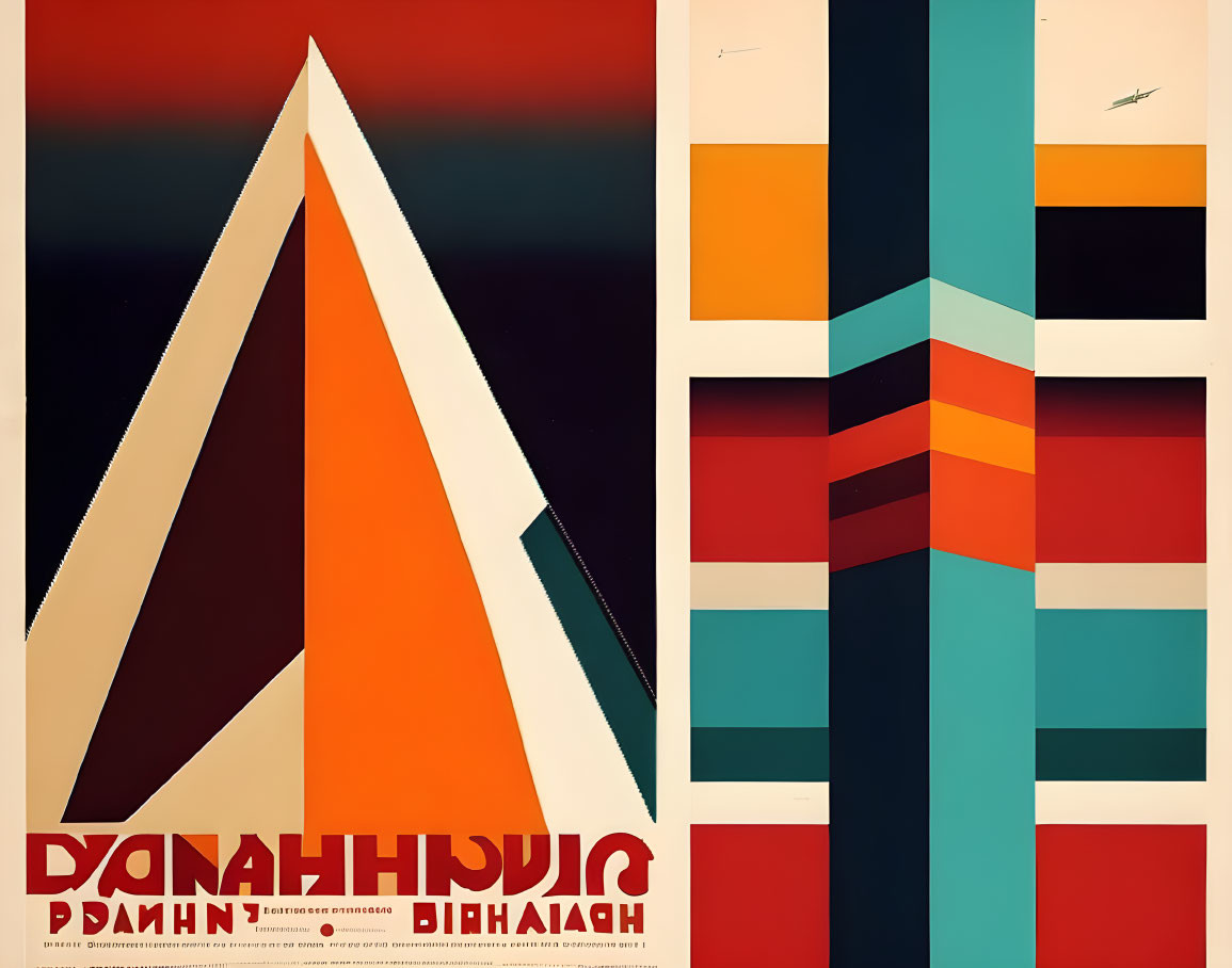 Geometric poster with white "A" on orange gradient background and multicolored stripes on brown background