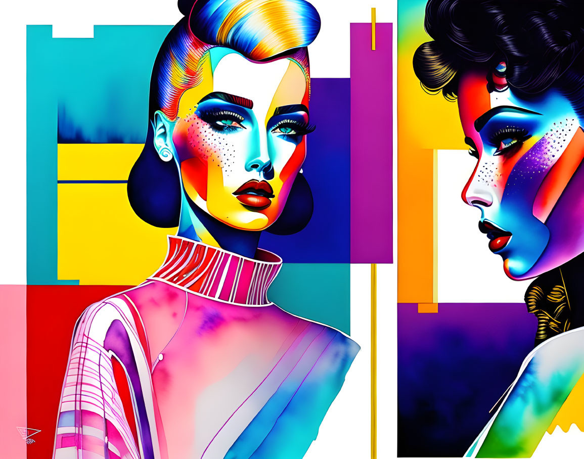 Colorful digital artwork of two stylized women with bold makeup