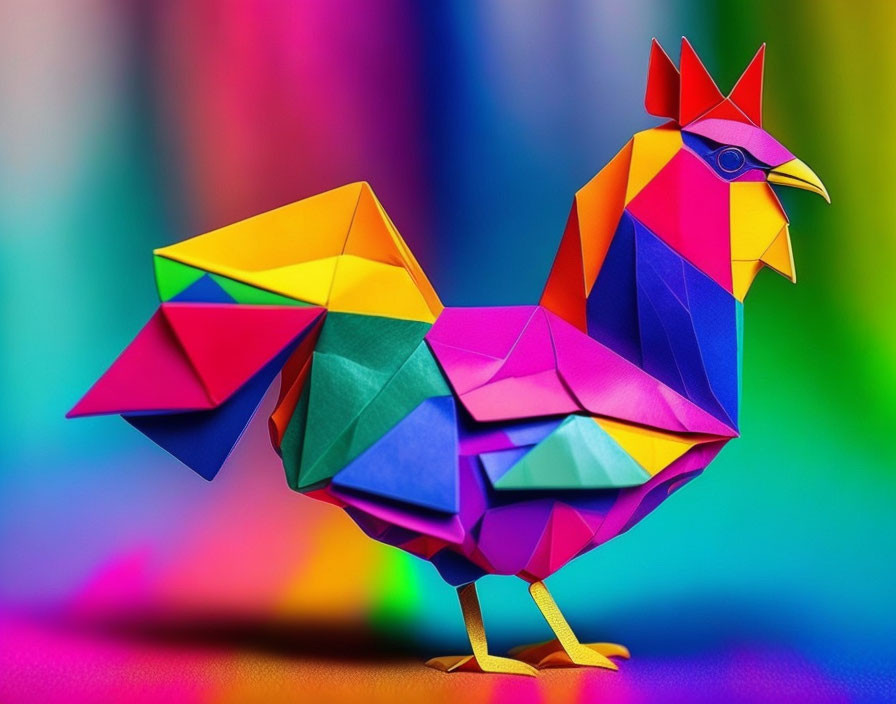 Vivid multicolored origami rooster on rainbow background