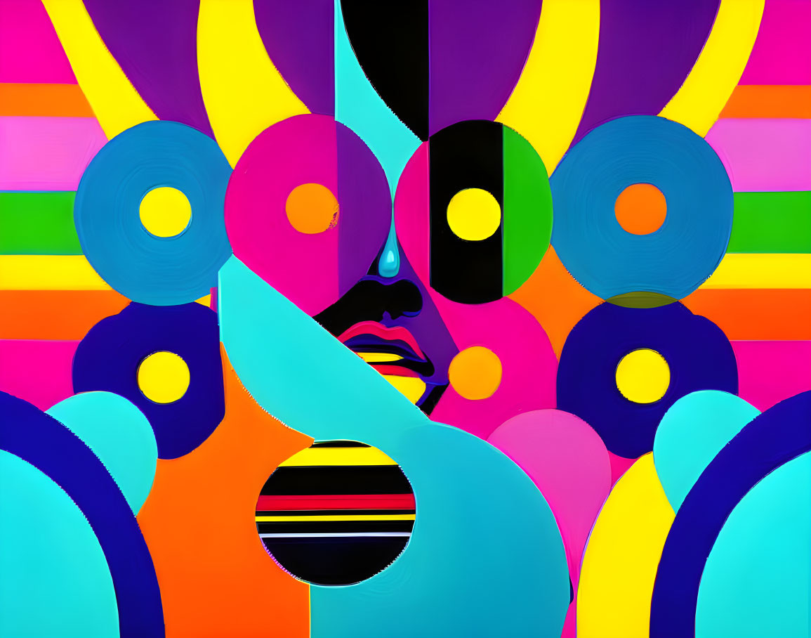 Vibrant Abstract Digital Art with Geometric Shapes and Human Face Silhouette