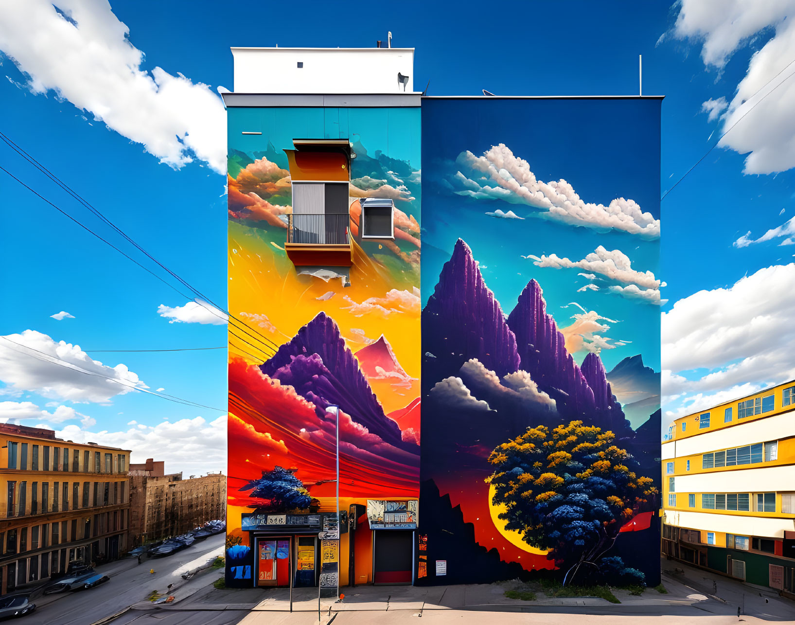 Colorful mountain mural with clouds and sky on urban building side