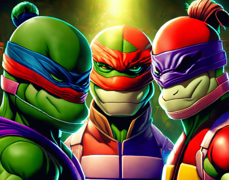 Colorful masked Teenage Mutant Ninja Turtles in determined pose