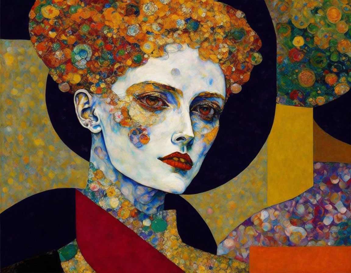 Colorful Stylized Portrait of Woman with Textured Flower Pattern in Hair