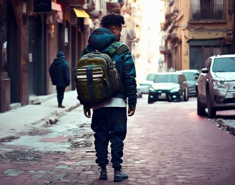 Person with large backpack in snow-dusted urban alley overlooking parked cars