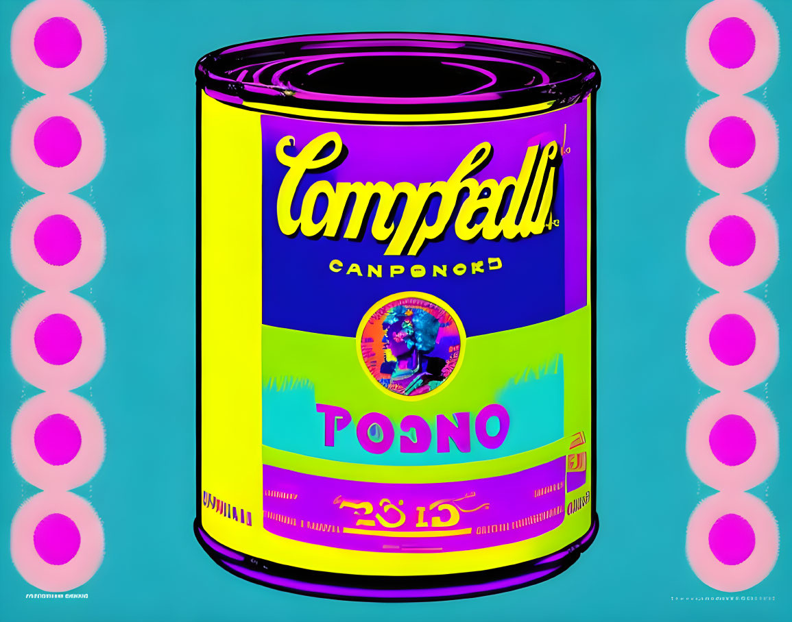 Stylized Campbell's soup can with altered text on blue background