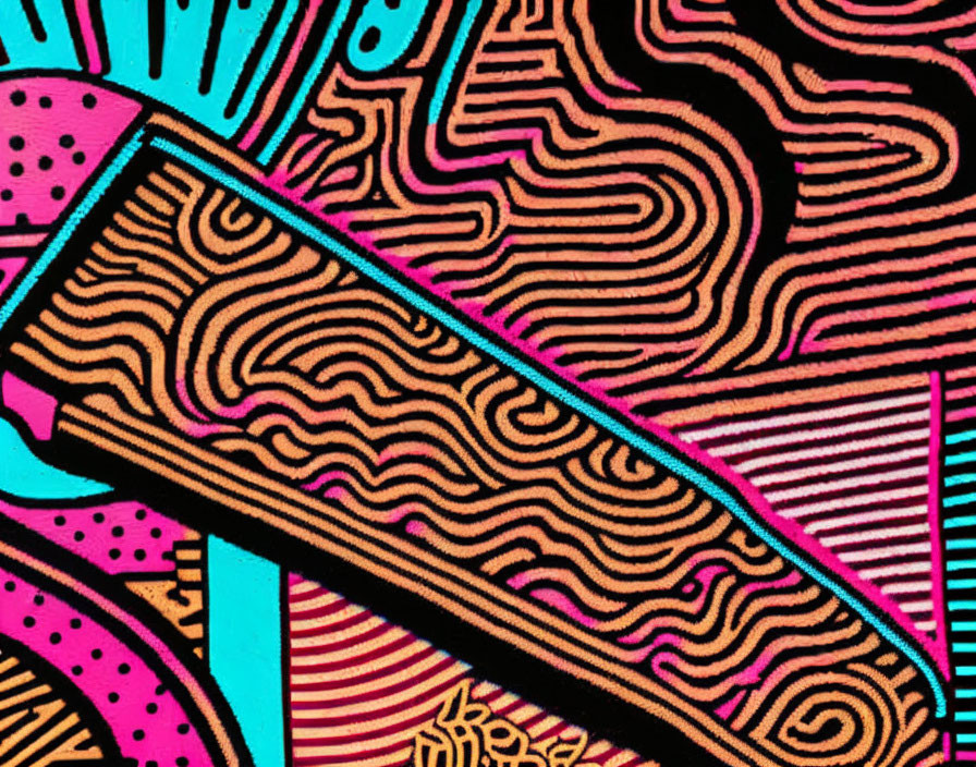 Colorful Abstract Pattern with Bold Black Outlines and Swirling Lines