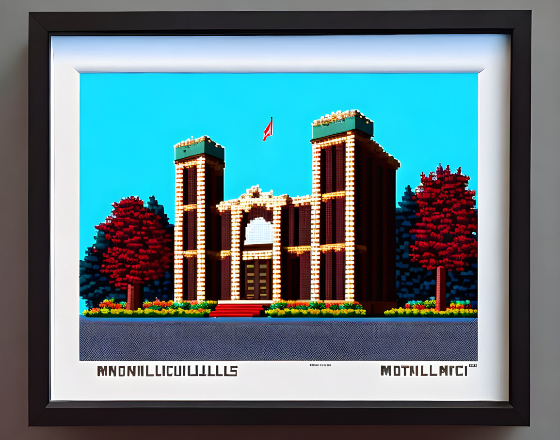 Grand structure with two towers and central archway in pixel art format framed with red trees