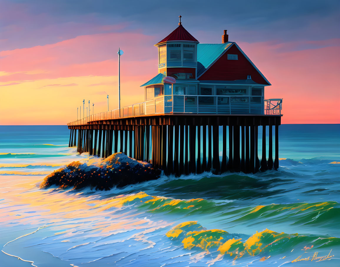 Red house on pier with beach view under vibrant sunset sky