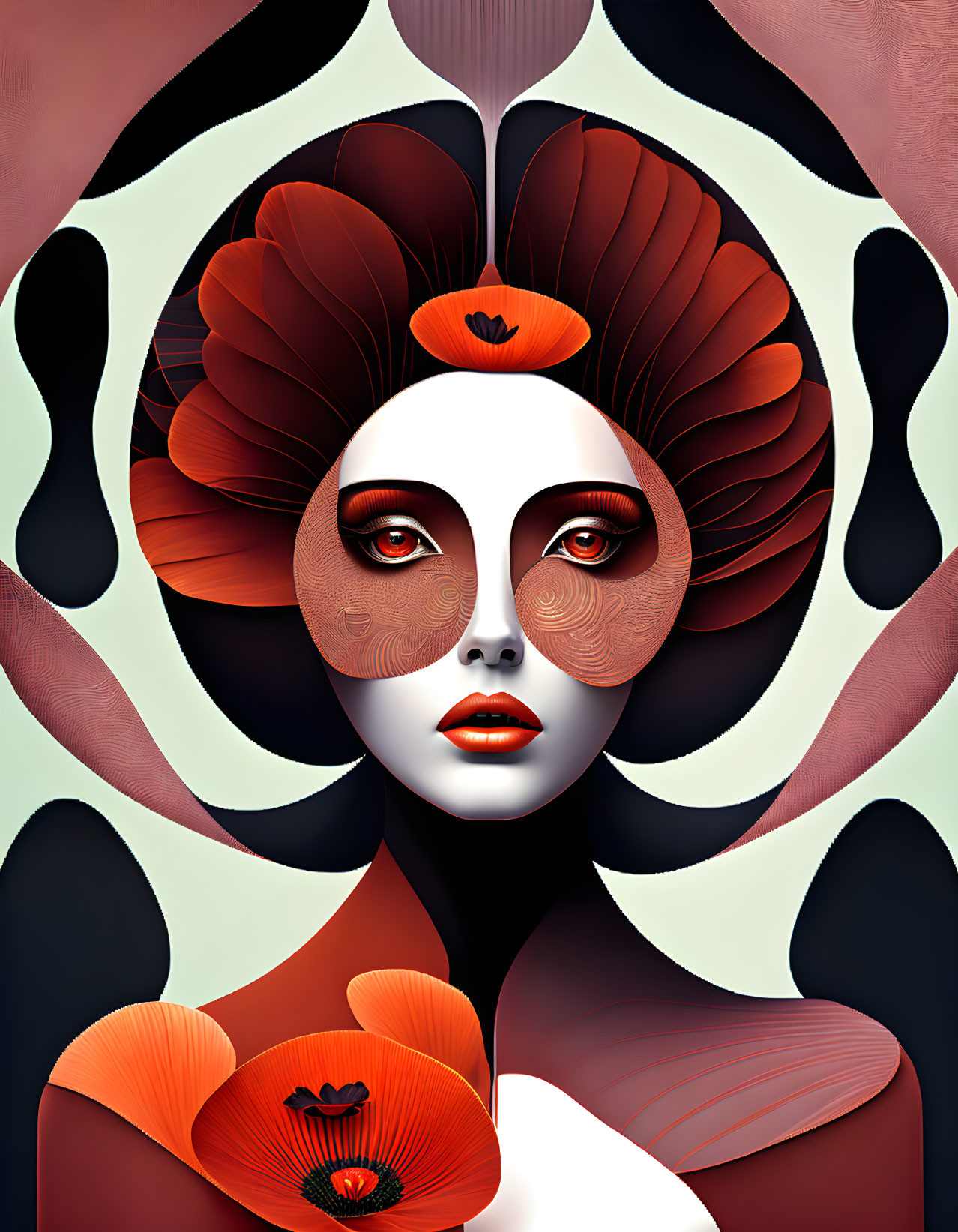 Digital art portrait of woman with red and black poppy flowers and bold makeup