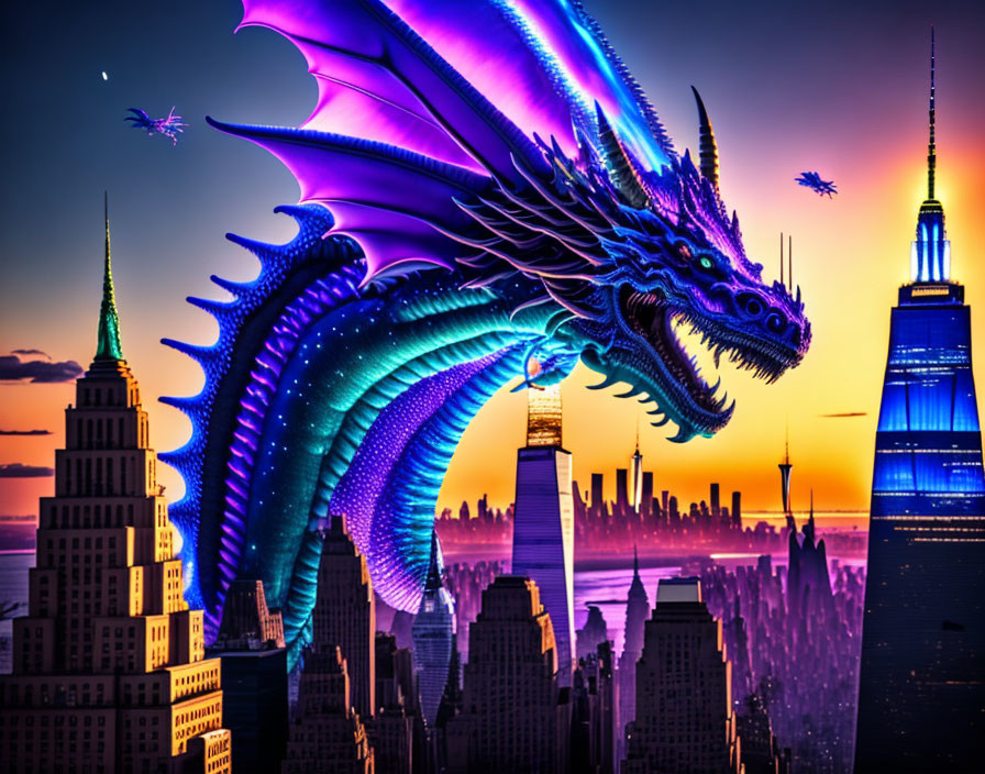 Colorful dragon flying over city skyline at sunset with skyscrapers, orange sky.