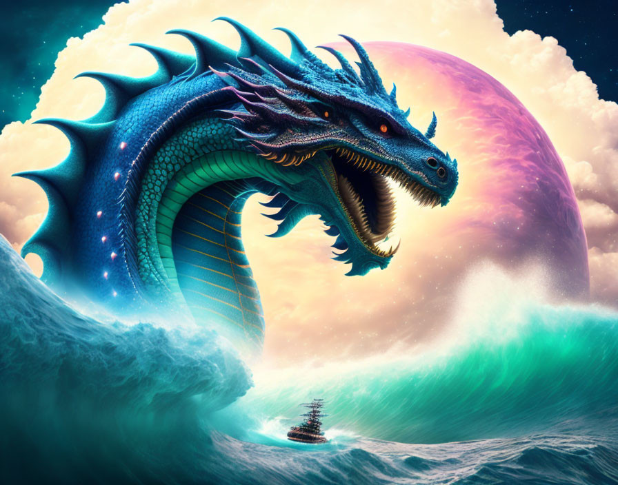 Blue dragon emerges from sea with moon and ship