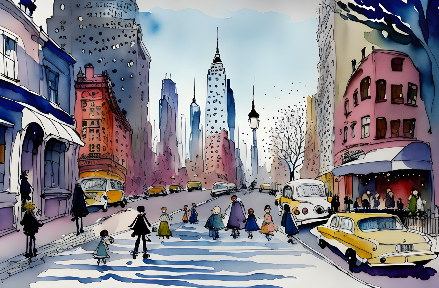 Colorful Watercolor Painting of Busy City Street Scene