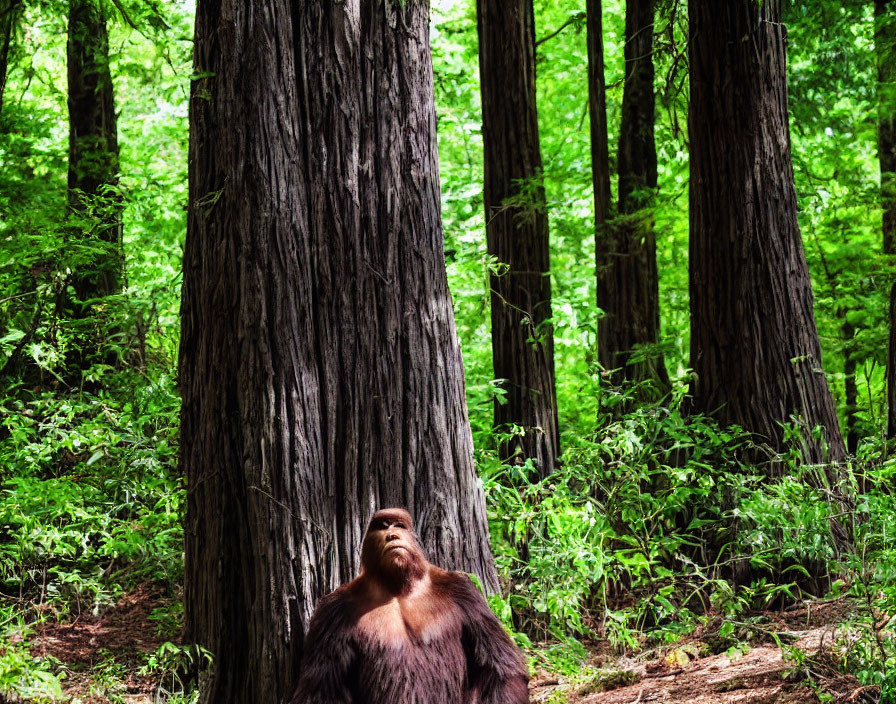 Orangutan sitting under large tree in lush forest