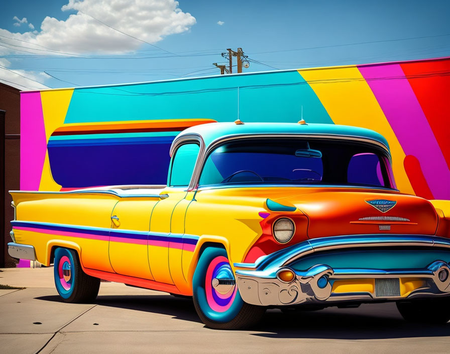 Colorful classic car parked in front of geometric mural and blue sky