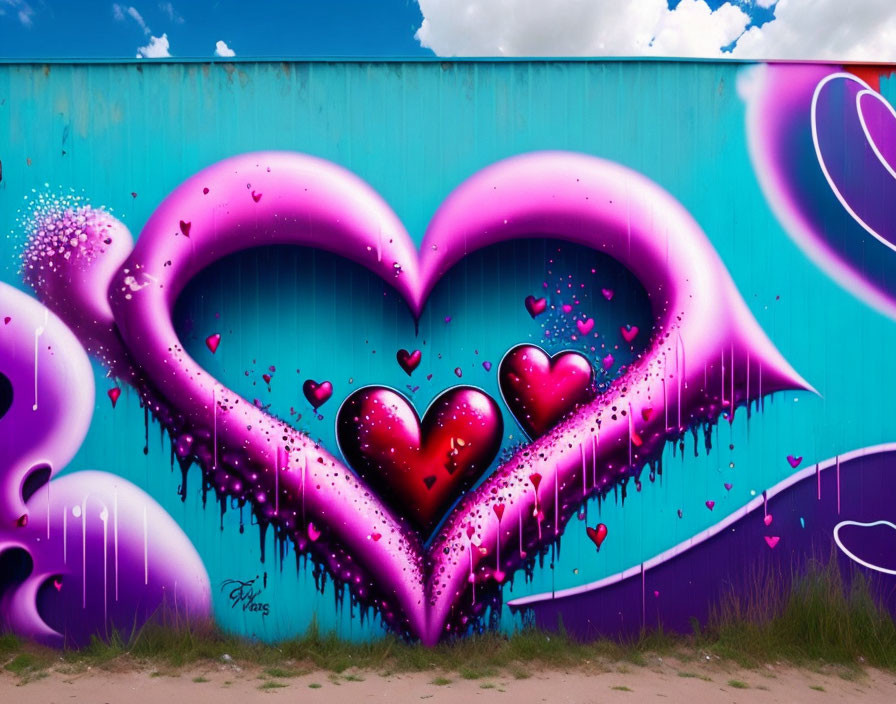 Colorful graffiti art: purple-pink heart, smaller hearts, drippings on turquoise.