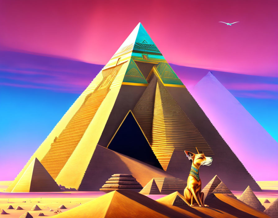 Dog in Egyptian attire with pyramids and bird in vibrant landscape