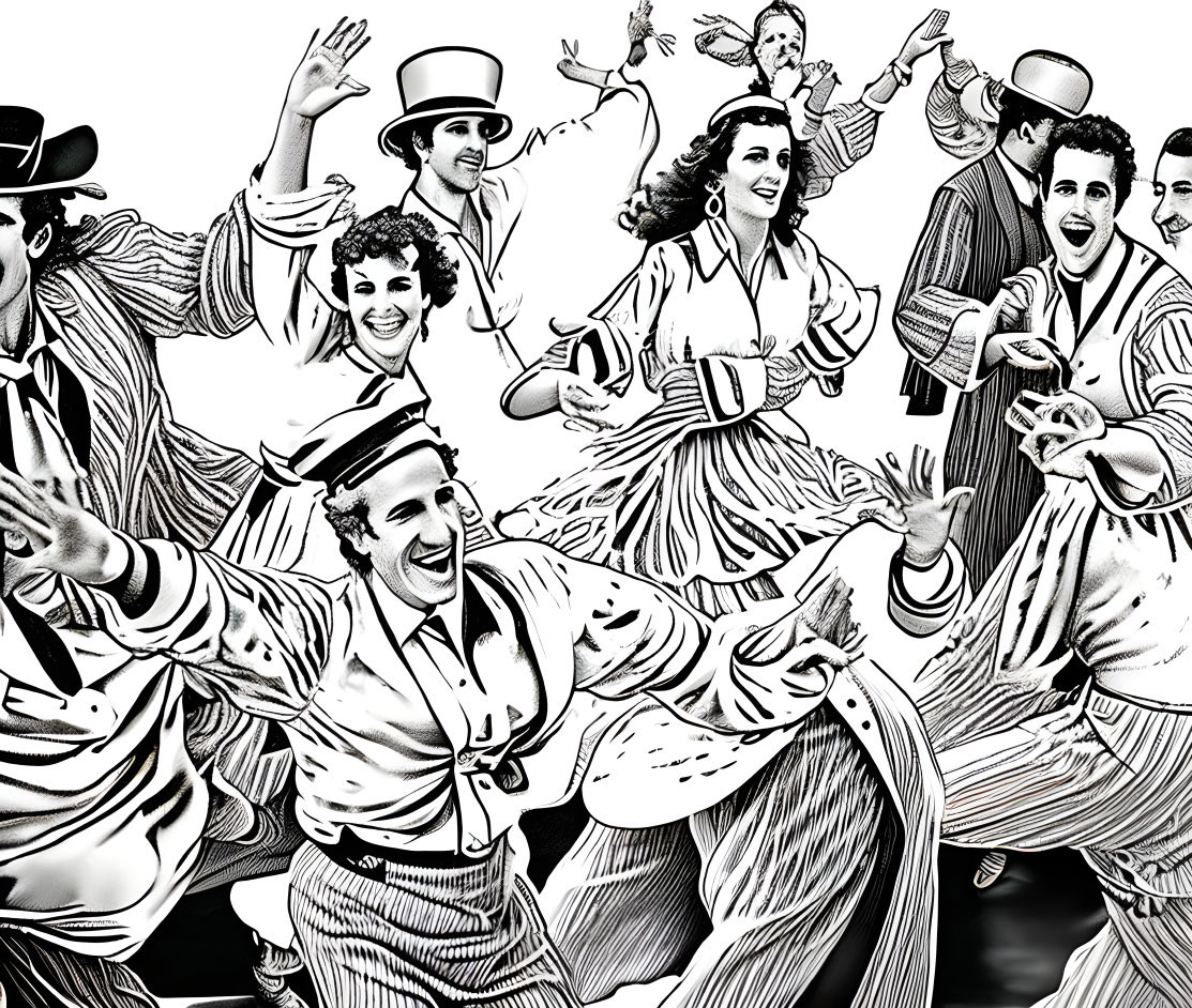 Vintage black and white dance scene with men in suits and women in dresses.