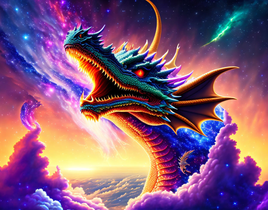 Colorful mythical dragon illustration in cosmic setting