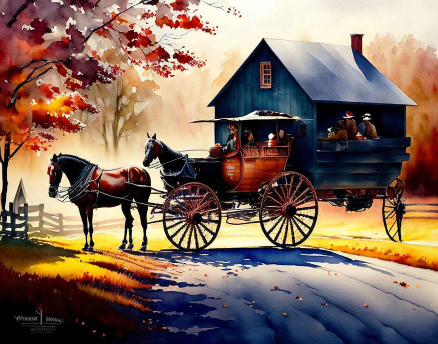 Autumn horse-drawn carriage ride through serene countryside