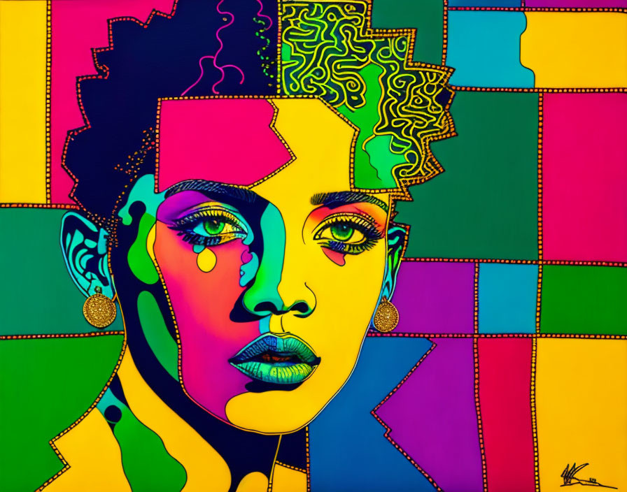 Vibrant pop art portrait of a woman with tears and geometric patterns