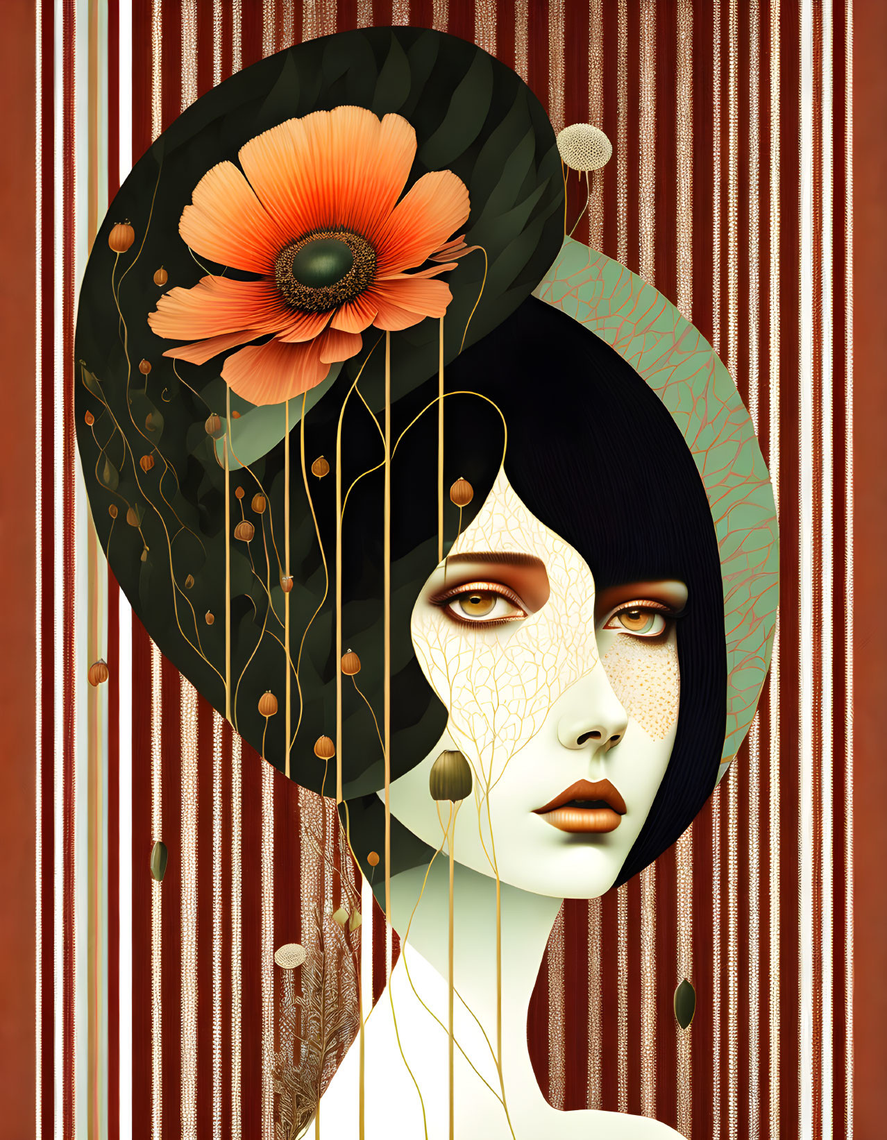 Illustrated portrait of woman with orange flower hat on striped background.