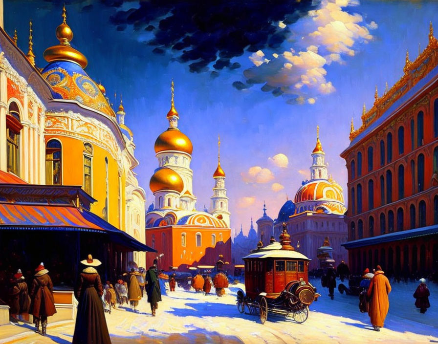 Snowy evening scene: bustling street with people, horse-drawn carriage, ornate buildings, golden