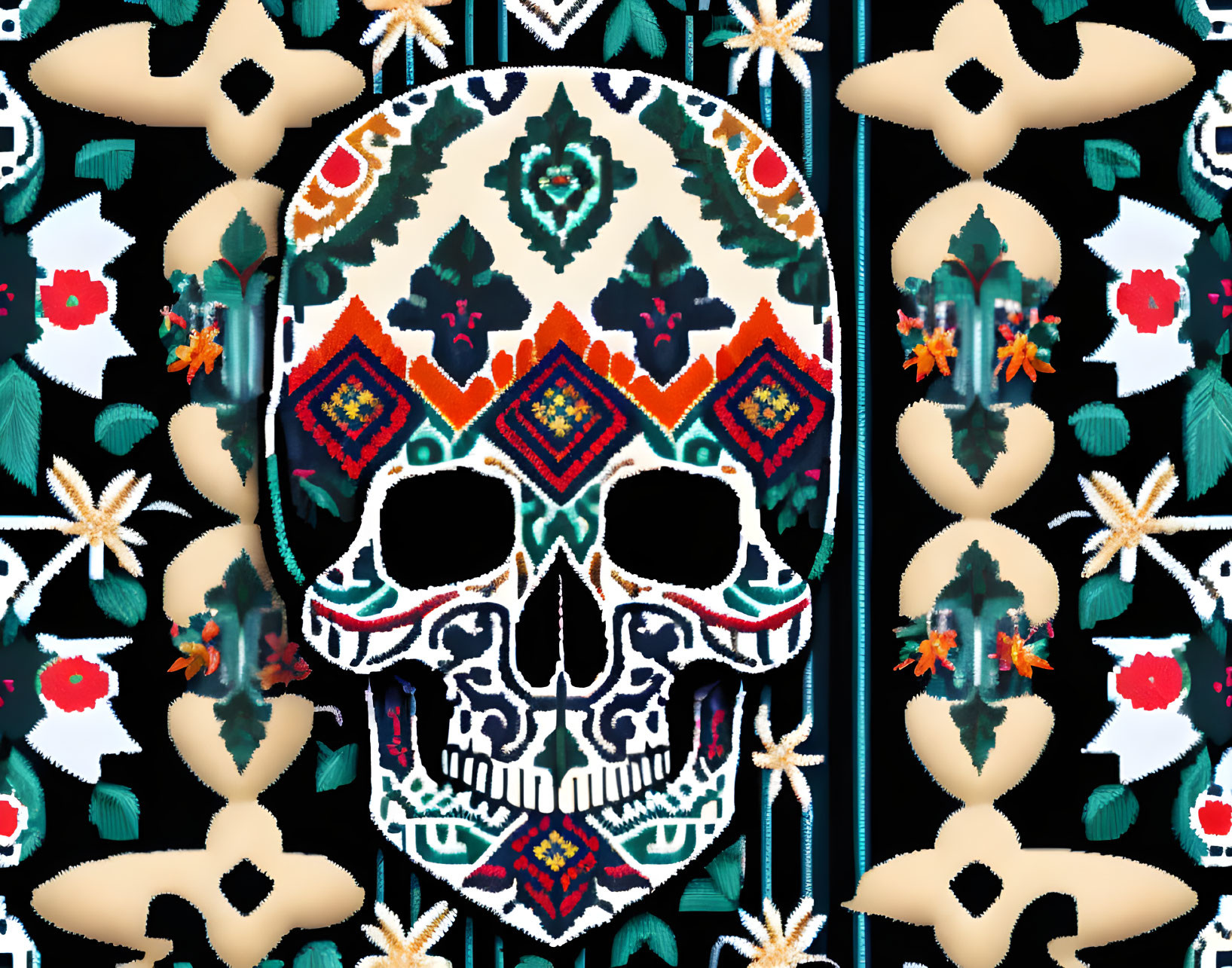 Colorful Dia de los Muertos skull pattern with floral and geometric designs on dark background