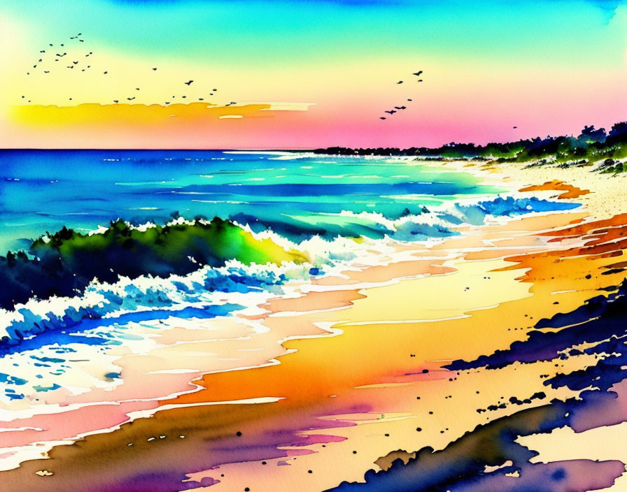 Colorful beach scene with vibrant waves and birds in flight