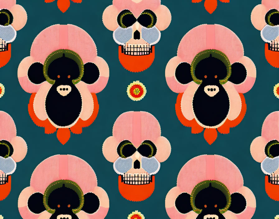 Stylized skull and flower pattern on teal background