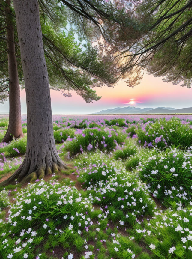 Vibrant purple and white flower field in serene landscape