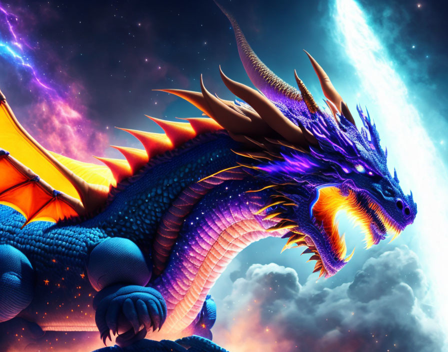 Blue dragon with orange wings flying in vibrant sky full of stars and nebulae